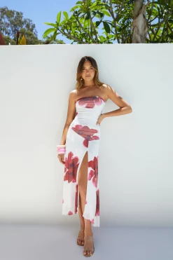 Amara Bloom Strapless Midi Dress Red