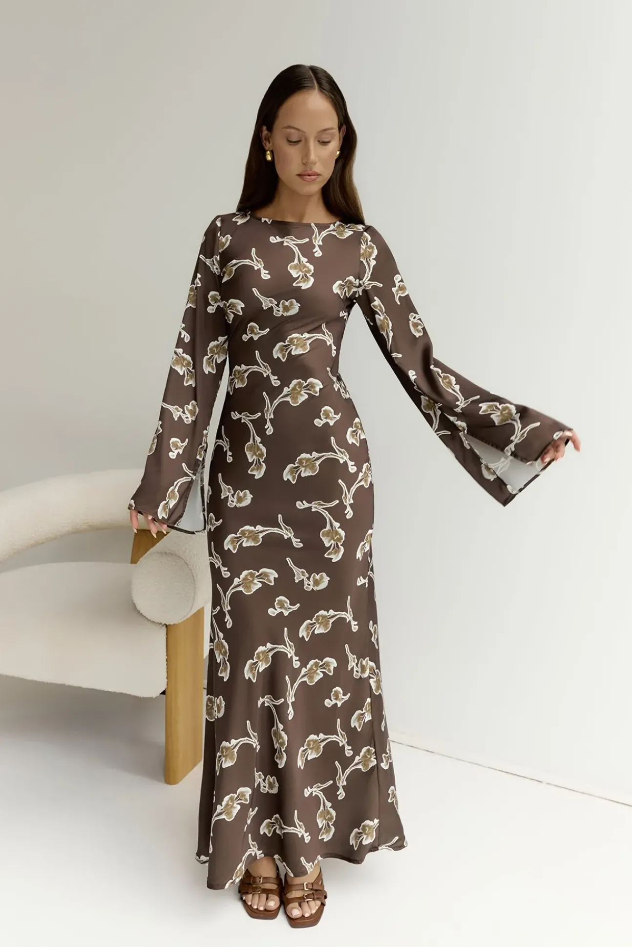Angeline Long Sleeved Maxi Dress Brown