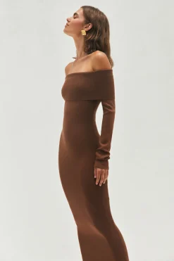 Angels Sing Off Shoulder Knit Maxi Dress Chocolate