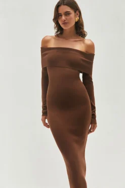 Angels Sing Off Shoulder Knit Maxi Dress Chocolate