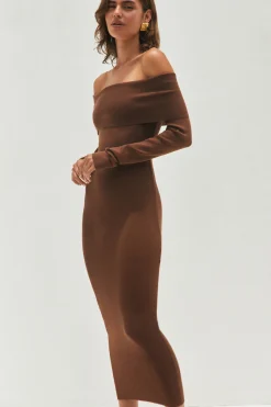 Angels Sing Off Shoulder Knit Maxi Dress Chocolate