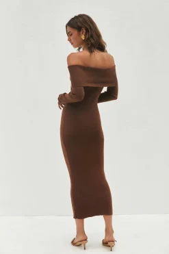 Angels Sing Off Shoulder Knit Maxi Dress Chocolate