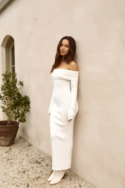 Angels Sing Off Shoulder Knit Maxi Dress White