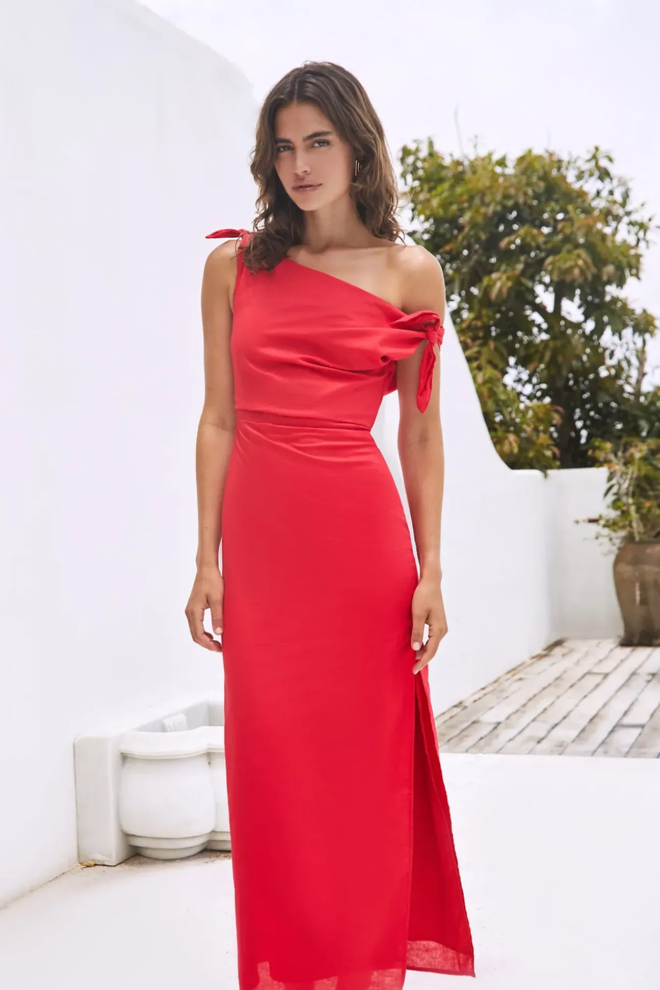 Arctic Allure Linen Maxi Dress Red