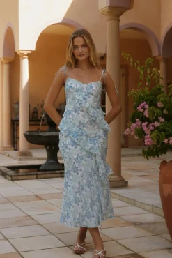 Azure Bloom Midi Dress Blue