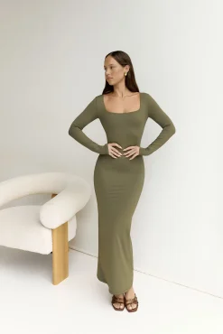 BASE Embrace Shape Long Sleeve Maxi Dress Army