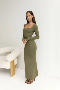 BASE Embrace Shape Long Sleeve Maxi Dress Army