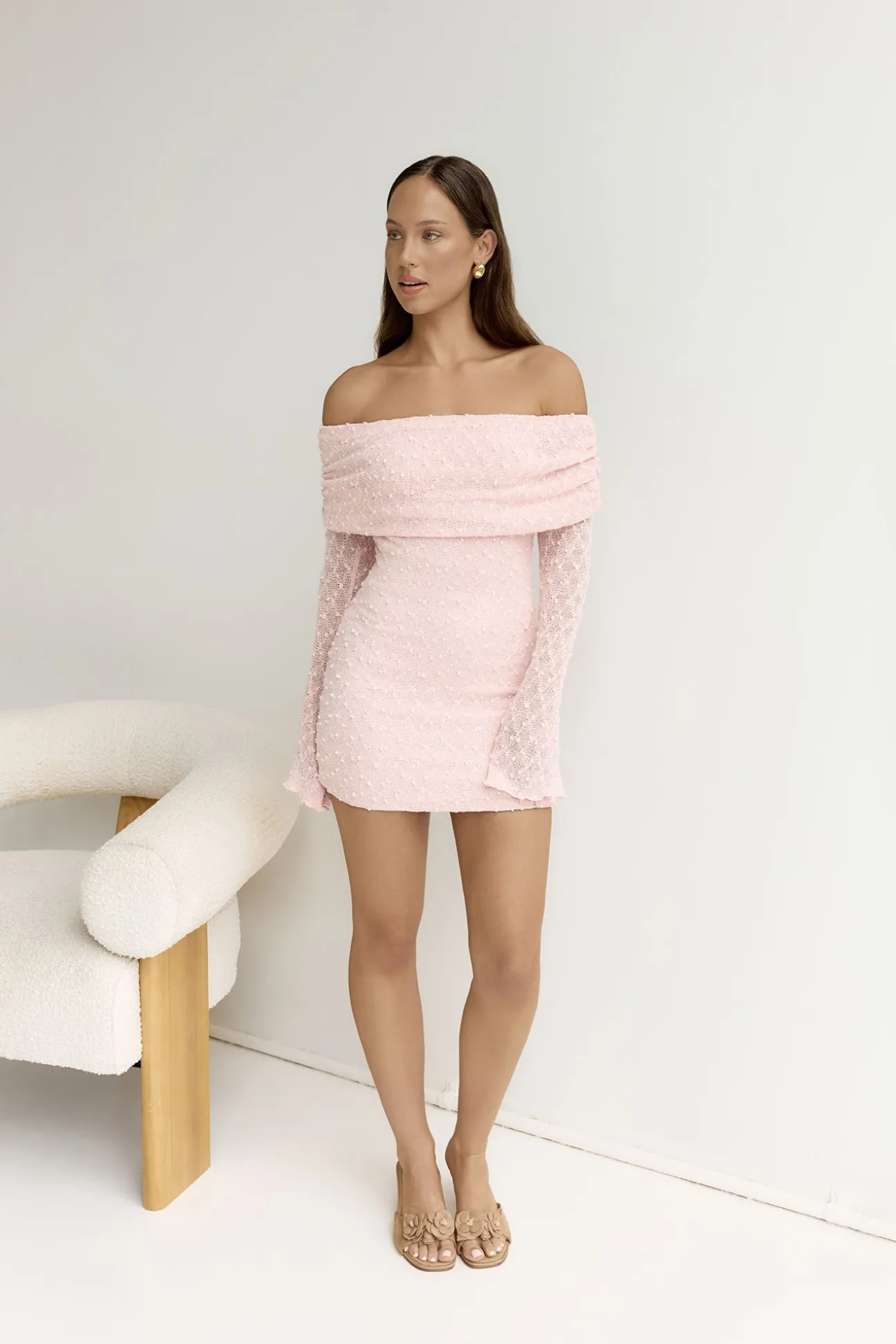 Beloved Dreams Off Shoulder Long Sleeve Mini Dress Pink