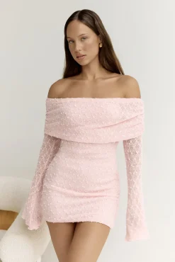 Beloved Dreams Off Shoulder Long Sleeve Mini Dress Pink