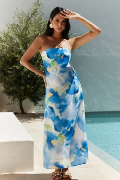 Bliss Cove Strapless Midi Dress Blue