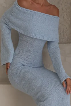 Cabana Crush Off Shoulder Knit Midi Dress Blue
