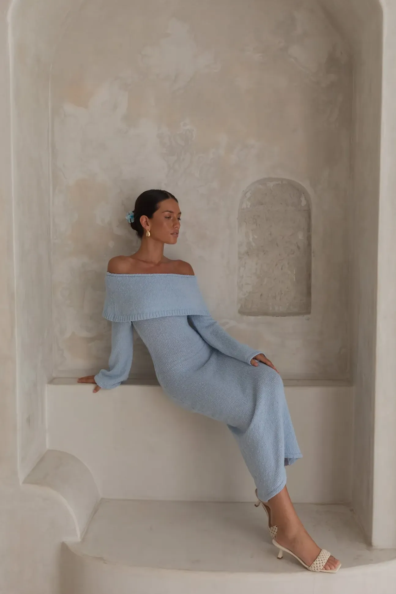 Cabana Crush Off Shoulder Knit Midi Dress Blue