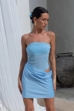 Call Me Darling Strapless Mesh Mini Dress Blue