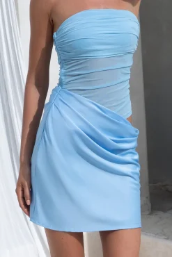 Call Me Darling Strapless Mesh Mini Dress Blue