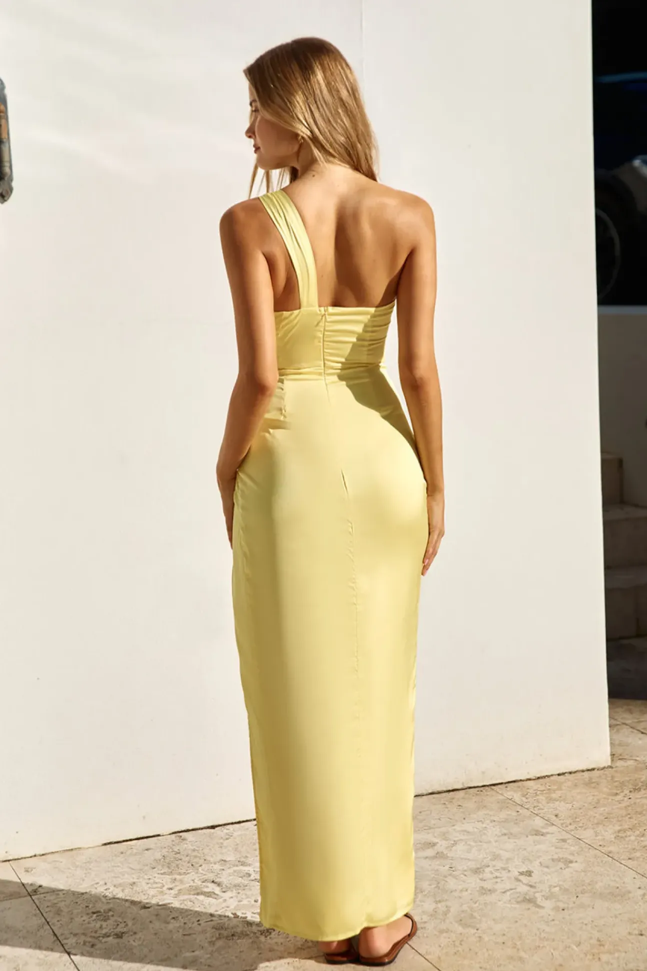 Celebrations Under Stars Satin One Shoulder Maxi Dress Yellow