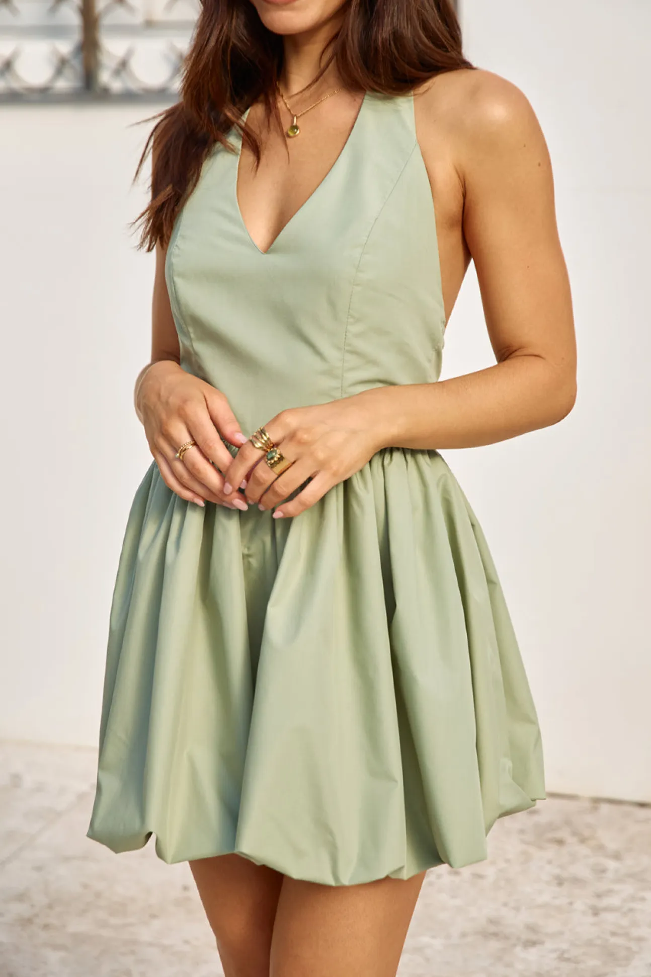 City Lights Bubble Hem Mini Dress Sage