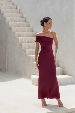 Dahlia One Shoulder Mesh Maxi Dress Maroon