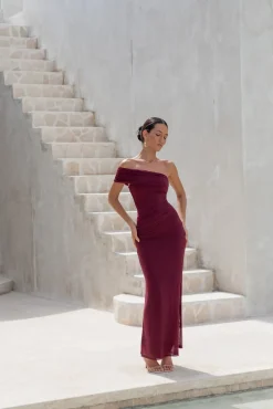 Dahlia One Shoulder Mesh Maxi Dress Maroon
