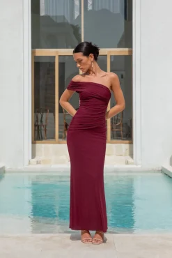 Dahlia One Shoulder Mesh Maxi Dress Maroon