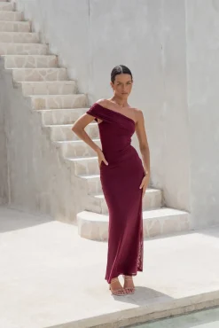Dahlia One Shoulder Mesh Maxi Dress Maroon