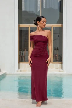 Dahlia One Shoulder Mesh Maxi Dress Maroon