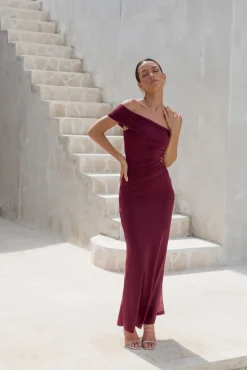 Dahlia One Shoulder Mesh Maxi Dress Maroon