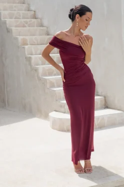 Dahlia One Shoulder Mesh Maxi Dress Maroon