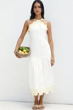 Golden Petals Midi Dress White