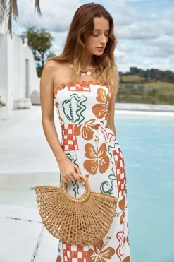 Hawaiian Retreat Strapless Maxi Dress Orange