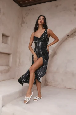 HELLO MOLLY Dotted Moment Satin Polka Dot Midi Dress Black