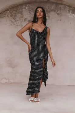 HELLO MOLLY Dotted Moment Satin Polka Dot Midi Dress Black