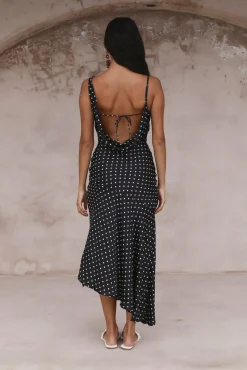 HELLO MOLLY Dotted Moment Satin Polka Dot Midi Dress Black