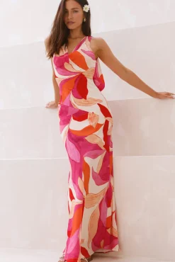 Hibiscus Tea Satin Maxi Dress Pink