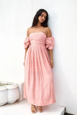 High Tea Off Shoulder Maxi Dress Pink
