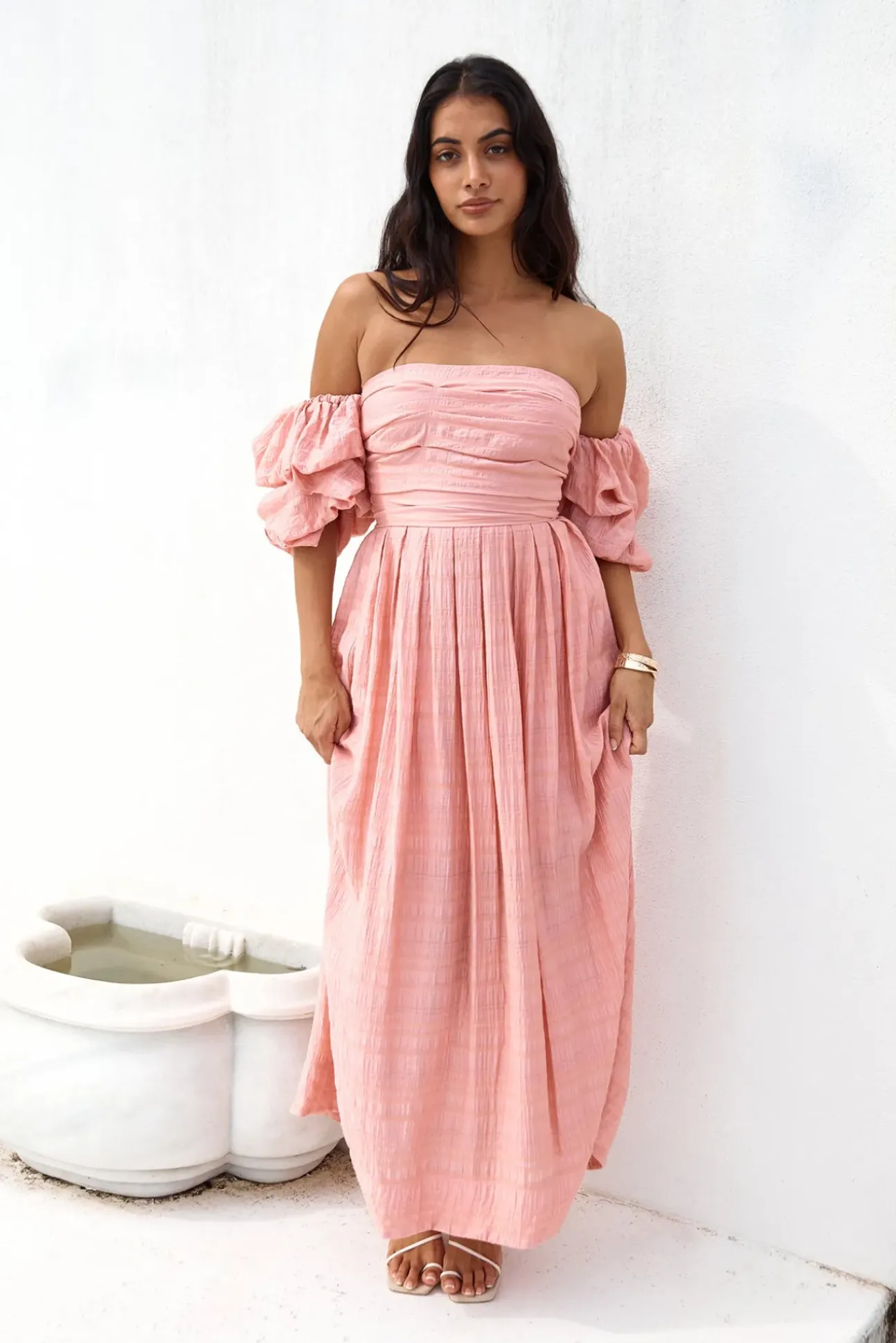 High Tea Off Shoulder Maxi Dress Pink