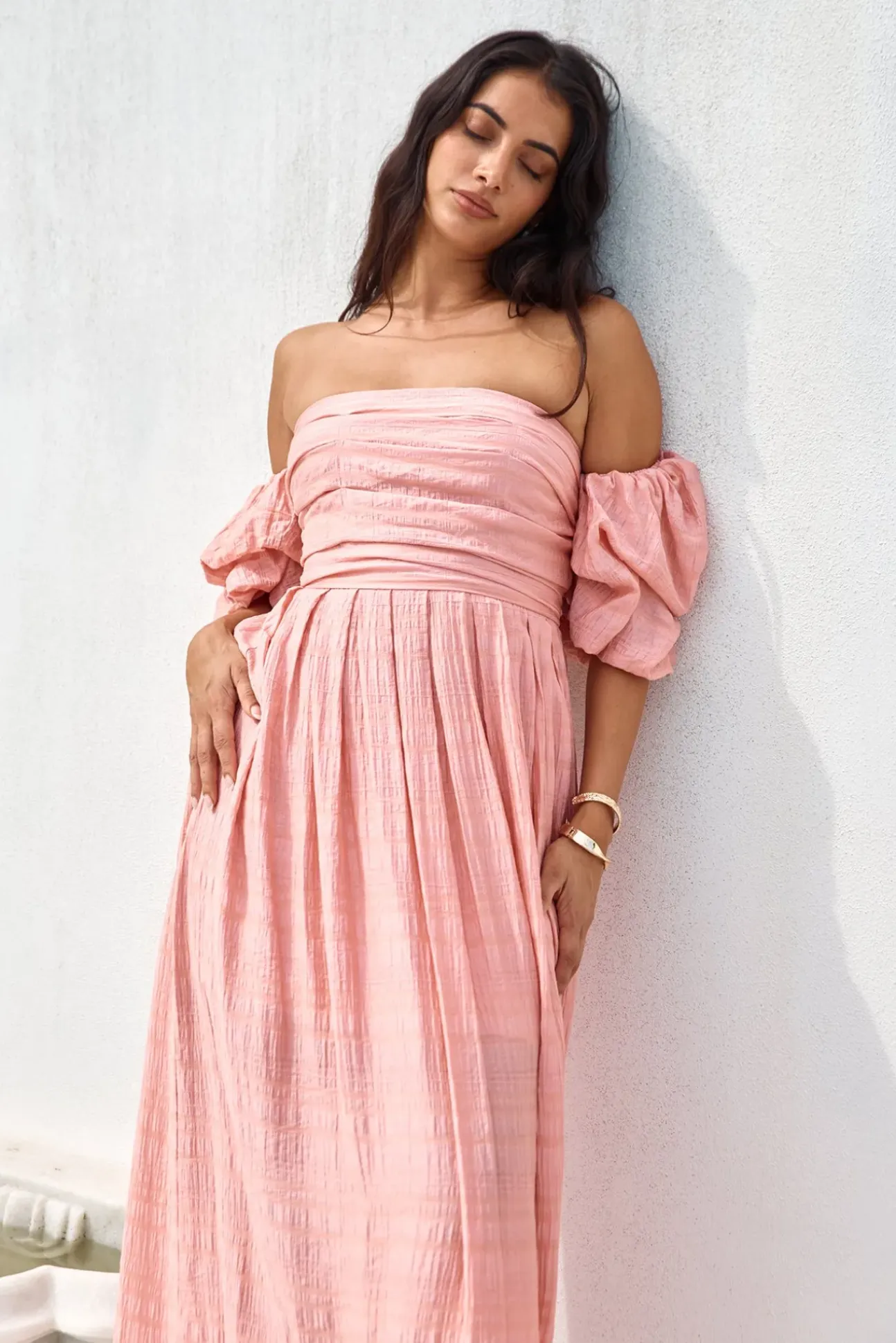 High Tea Off Shoulder Maxi Dress Pink
