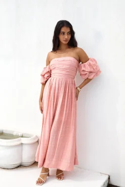 High Tea Off Shoulder Maxi Dress Pink