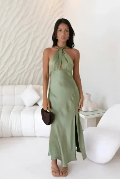 In My Feelings Satin Maxi Dress Olive