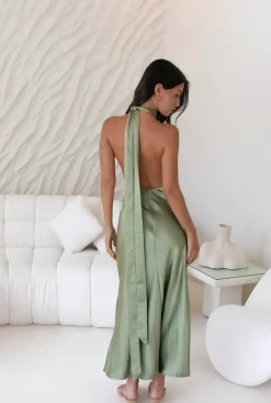 In My Feelings Satin Maxi Dress Olive