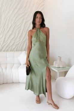 In My Feelings Satin Maxi Dress Olive