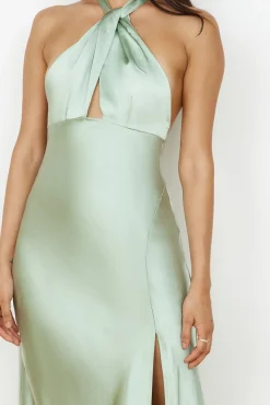 In My Feelings Satin Maxi Dress Sage