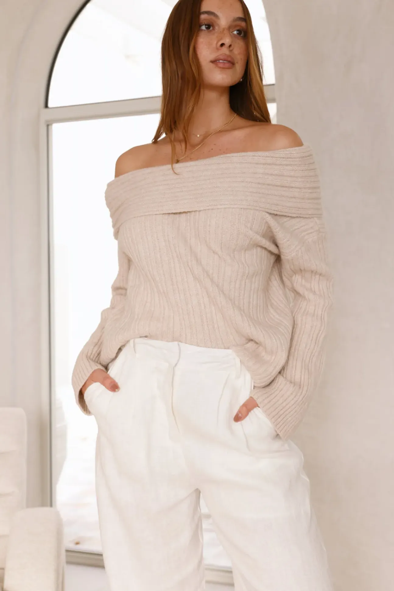 Kadija Off Shoulder Knit Top Beige