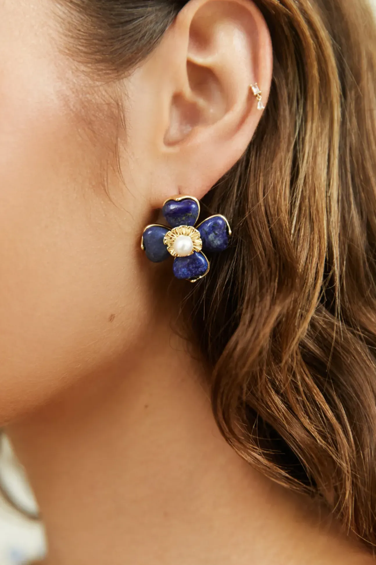 18K Gold Plated Blue Beauty Flower Earrings Gold