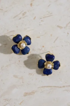 18K Gold Plated Blue Beauty Flower Earrings Gold