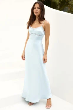 Like A Feather Satin Maxi Dress Blue