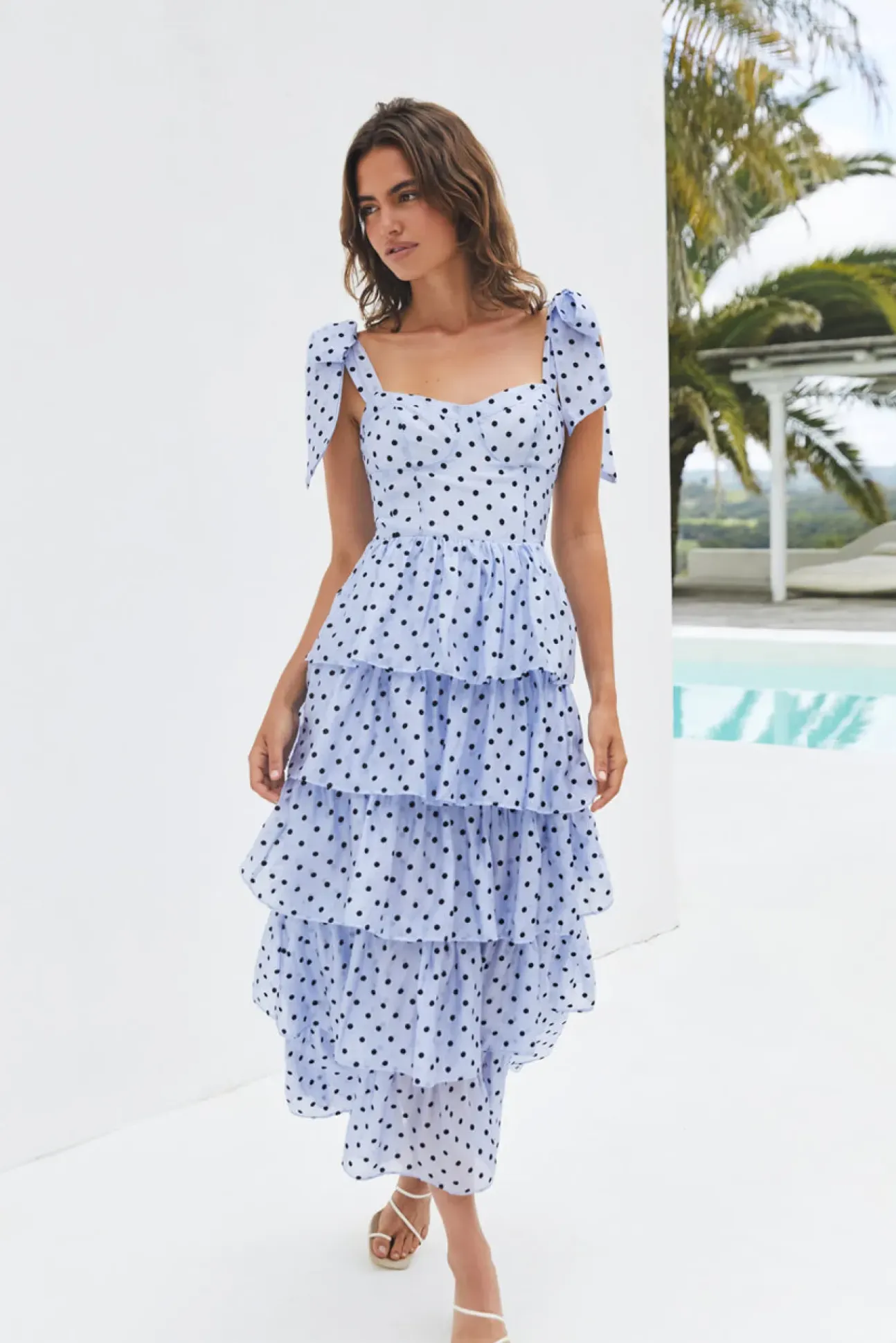 Mediterranean Muse Tiered Midi Dress Blue