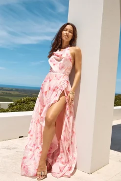 Palm Tree Island Halter Maxi Dress Pink