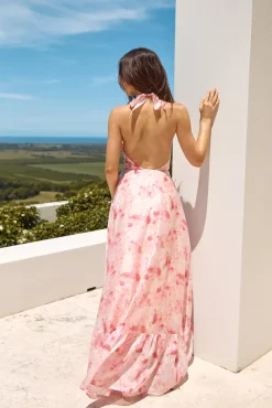 Palm Tree Island Halter Maxi Dress Pink
