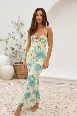 Provence Petals Mesh Maxi Dress Yellow