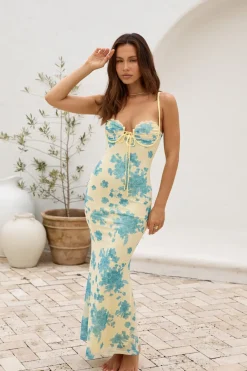 Provence Petals Mesh Maxi Dress Yellow